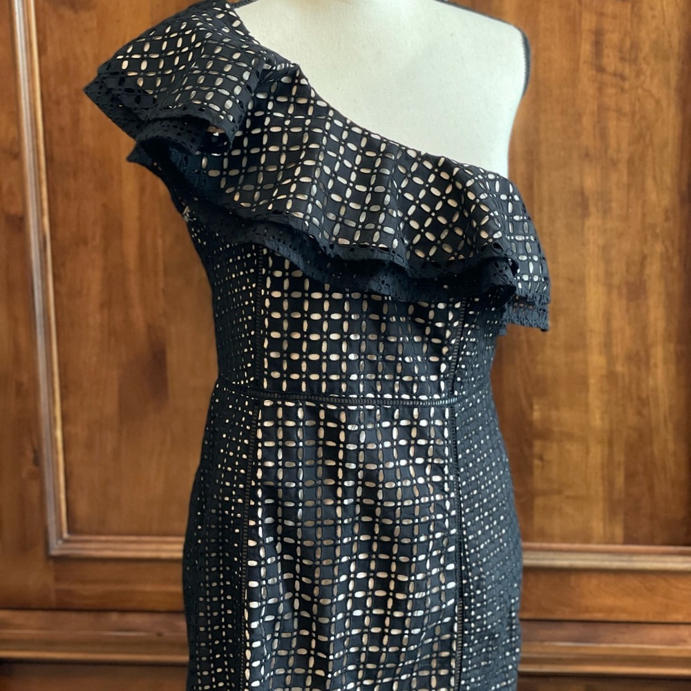 New w/tags J. Crew Black Eyelet One Shoulder Ruffle Cocktail Dress/Size 8